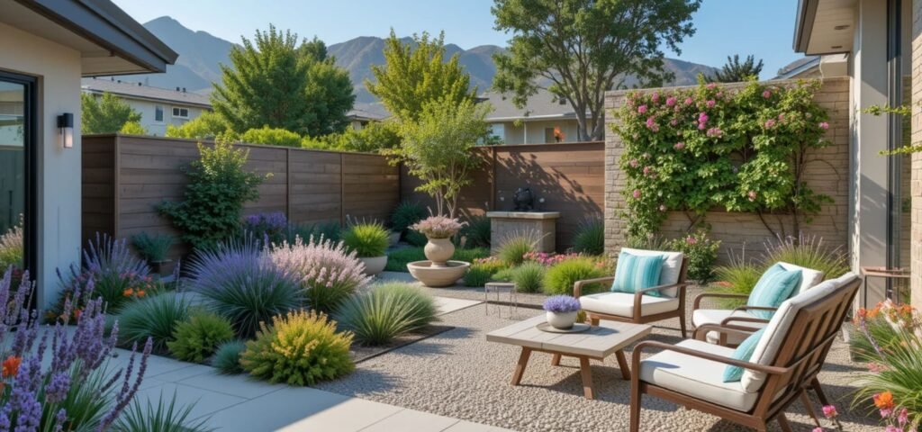 Ventura County backyard with native drought-tolerant plants, smart irrigation, solar lights, vertical garden, and minimalist patio furniture in 2025