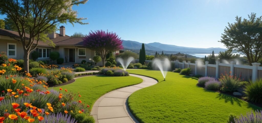 Ventura County residential landscape showing spring flowers, summer lawn, fall leaves, and winter pruning with native California plants