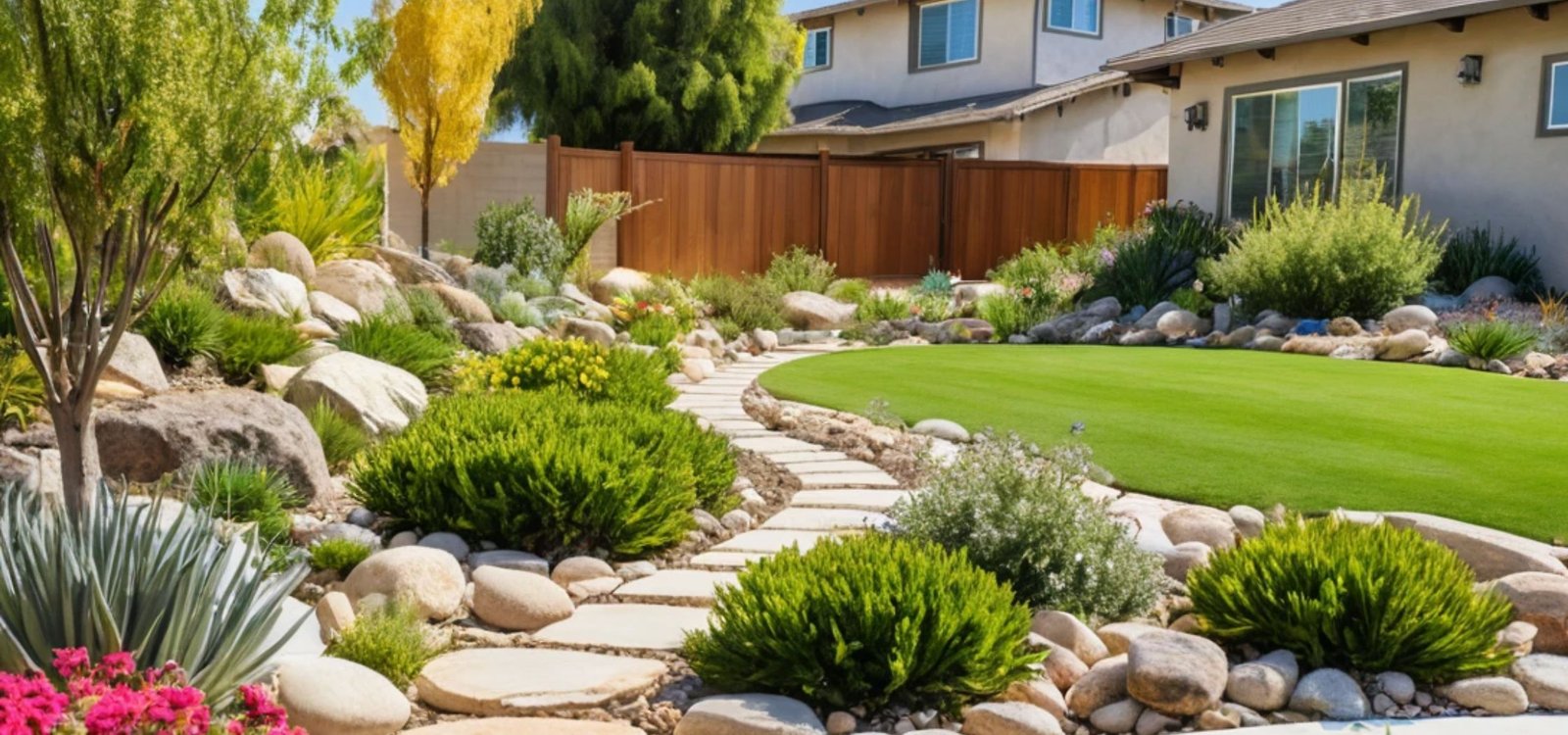 Efficient irrigation system with drip lines and smart sprinklers in a California backyard by Goers Landscaping.