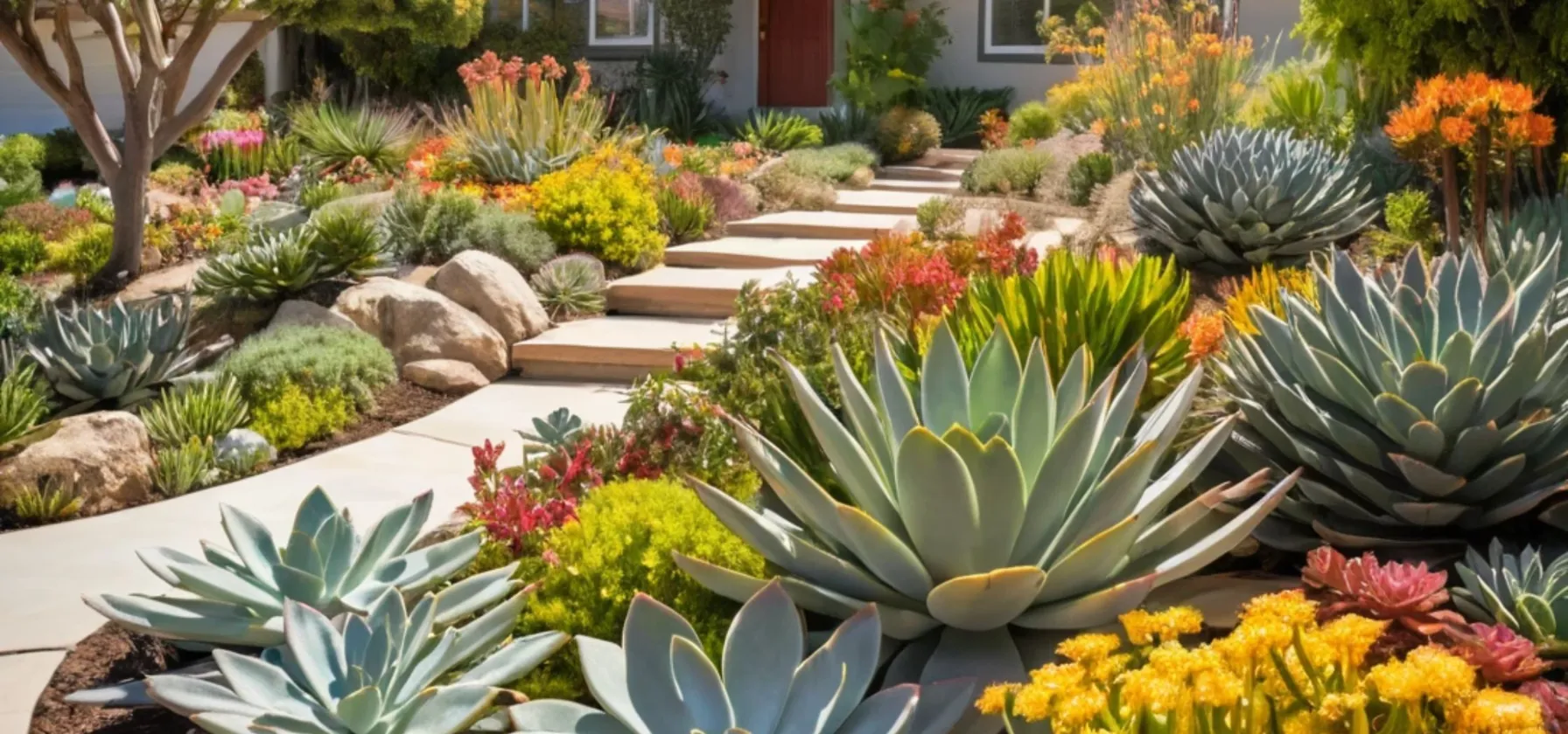 Drought-tolerant garden in Ventura County with native plants, succulents, and drip irrigation maintained by Goers Landscaping.