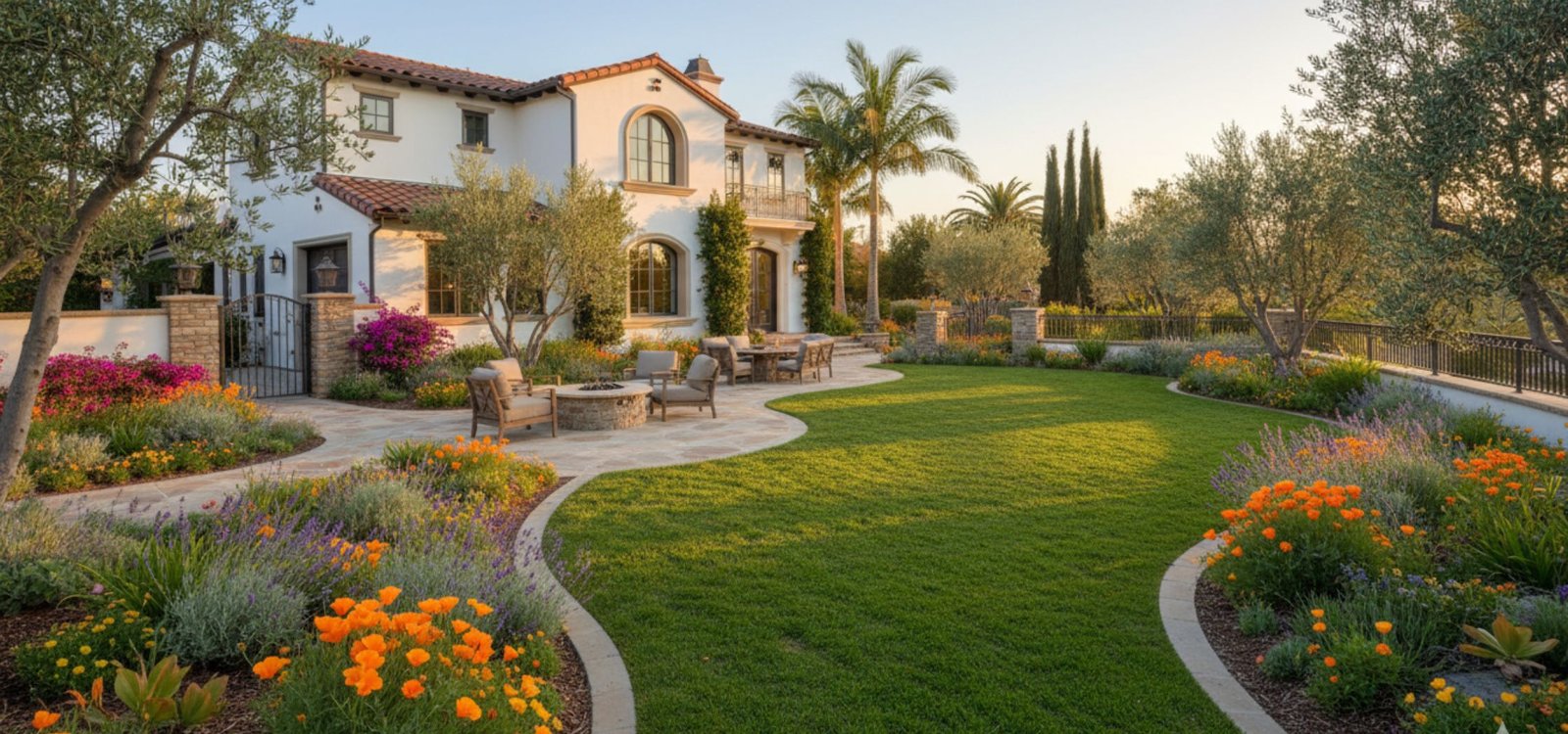 Beautifully landscaped home in Ventura County featuring lush green lawns, colorful flowers, and modern hardscaping designed by Goers Landscaping to increase property value.