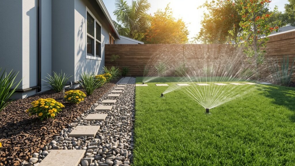 Drip irrigation system and sprinkler system comparison in a California backyard with drought tolerant landscaping and green lawn