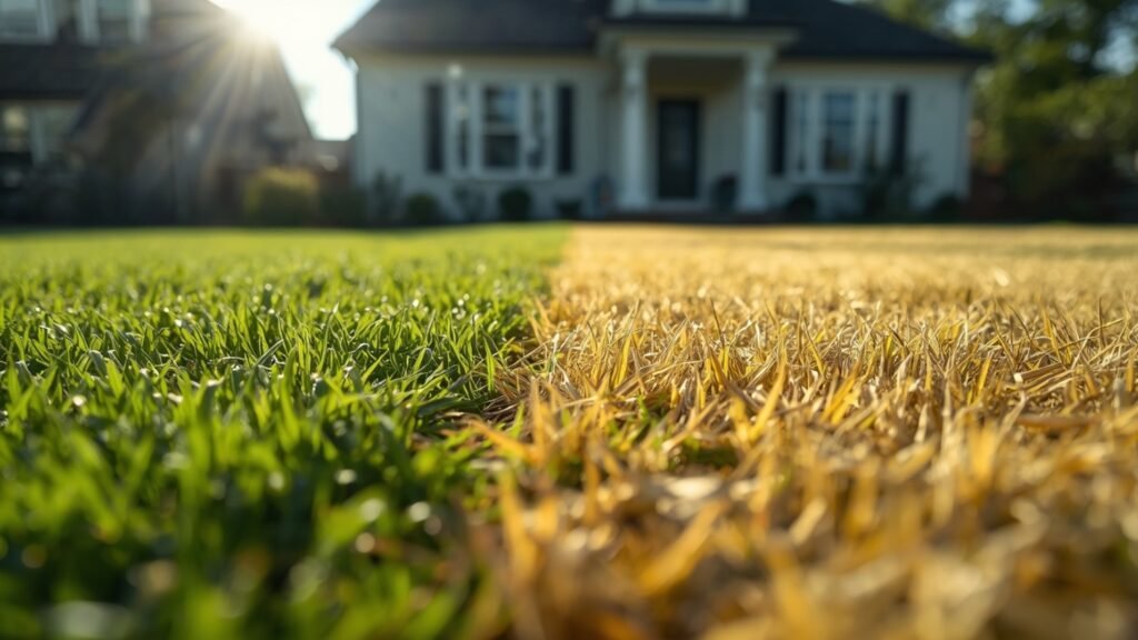 lawn turning yellow even after watering with visible green and dry grass patches side by side