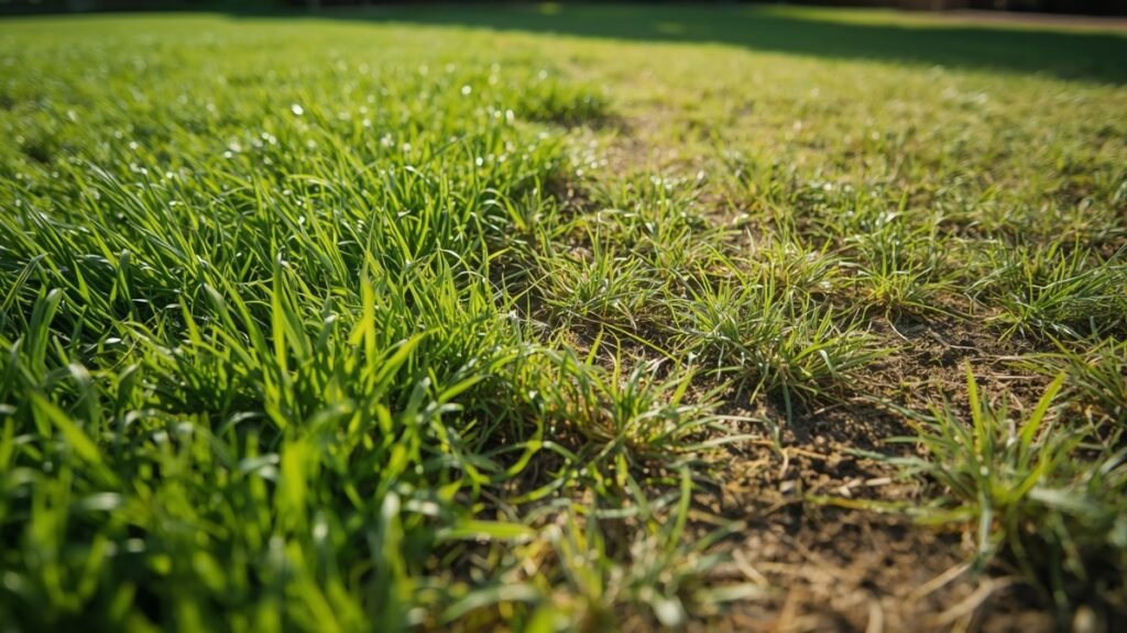 uneven lawn showing healthy green grass and yellow dry patches in a backyard